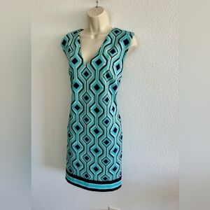 Michael Kors Sz M Shift Sheath Dress Teal Blue Geometric Print V-Neck Retro Prep